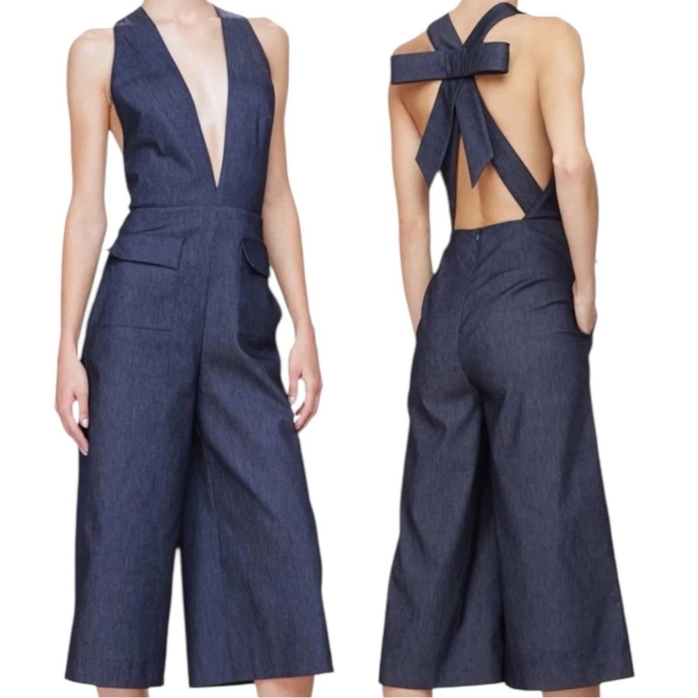 Cushnie Et Ochs Denim Wide Leg Culotte Jumpsuit Open Back Bow Detail Size 2